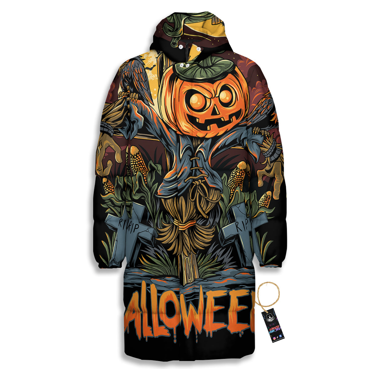 Halloween Scarecrow Print Long Down Jacket-grizzshop