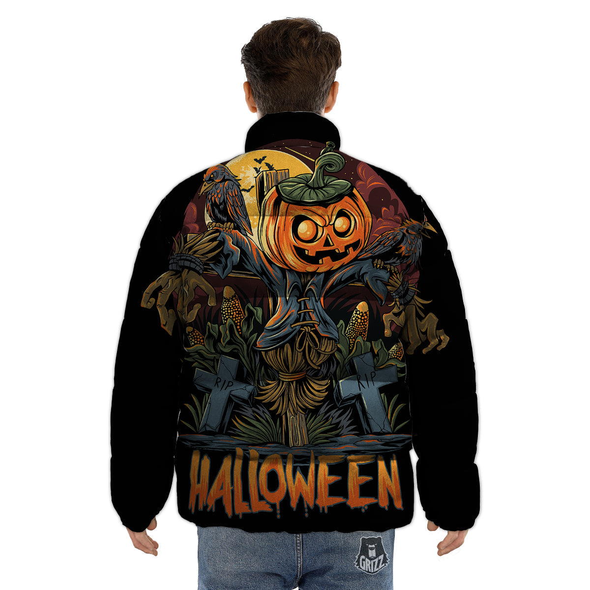 Halloween Scarecrow Print Puffer Jacket-grizzshop