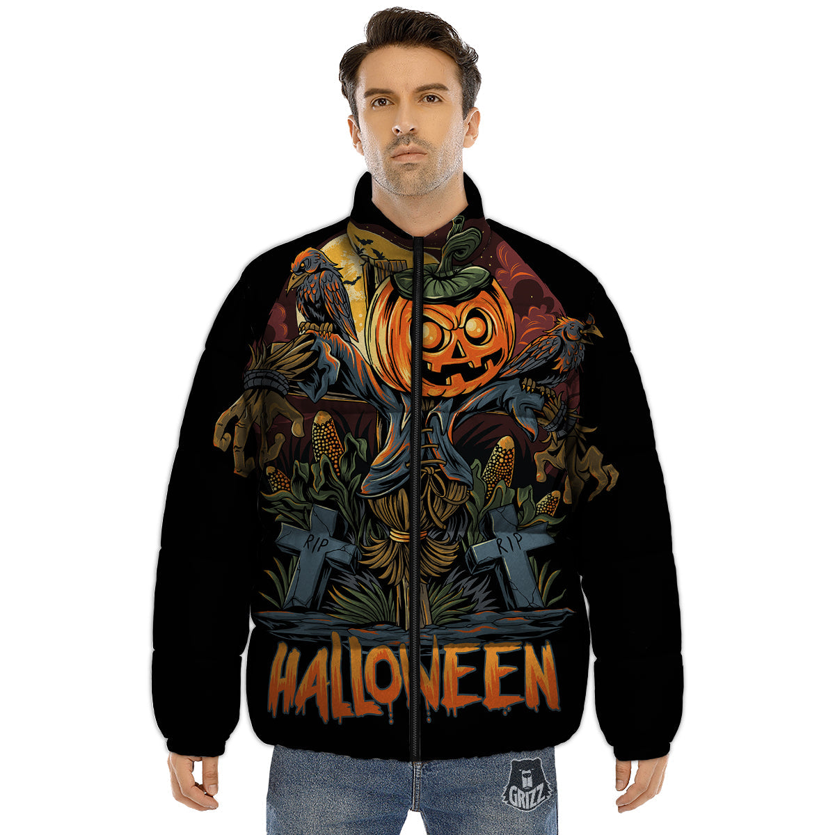 Halloween Scarecrow Print Puffer Jacket-grizzshop