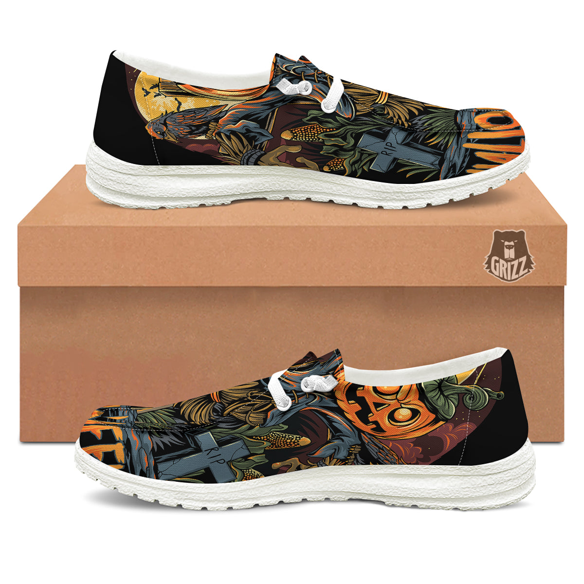 Halloween Scarecrow Print White Loafers-grizzshop