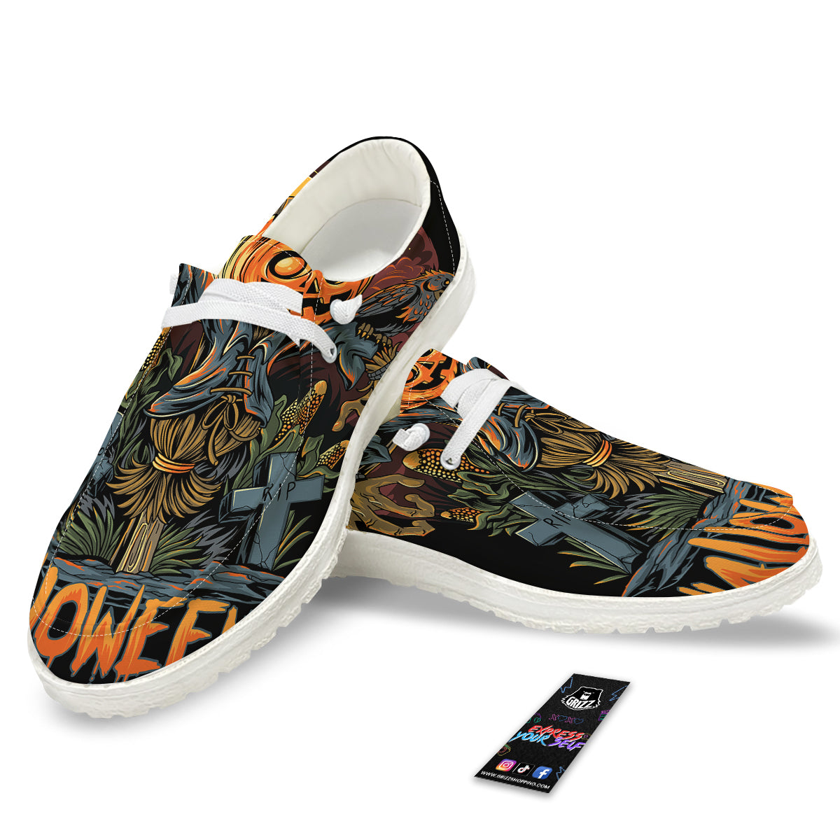 Halloween Scarecrow Print White Loafers-grizzshop