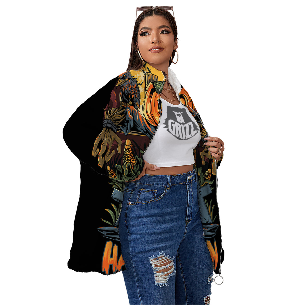 Halloween Scarecrow Print Women's Sherpa Jacket-grizzshop