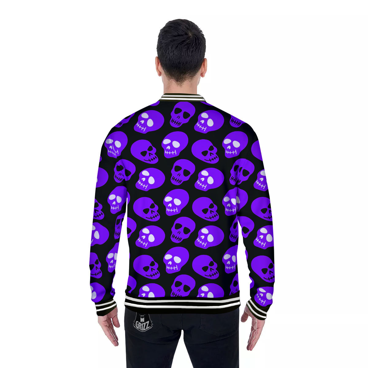 Halloween Skull Black And Purple Print Baseball Jacket-grizzshop