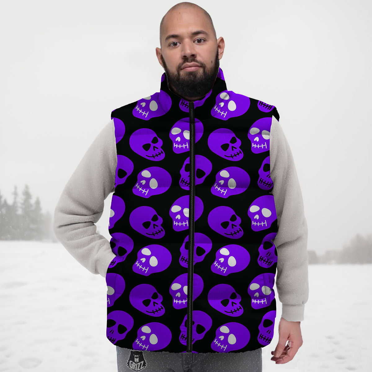 Halloween Skull Black And Purple Print Down Vest