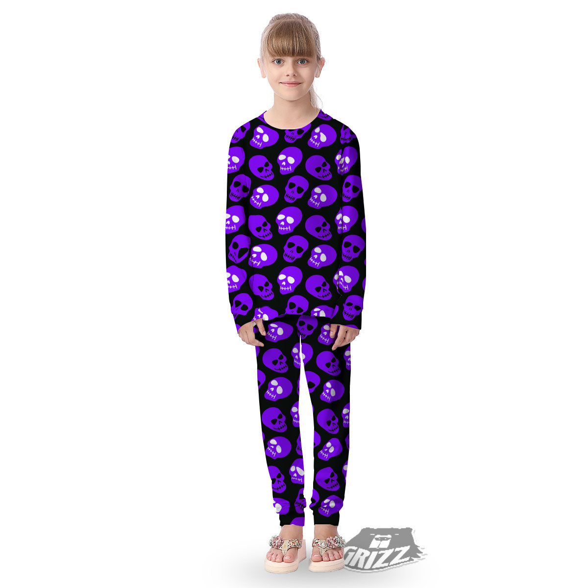 Halloween Skull Black And Purple Print Kid's Pajamas-grizzshop