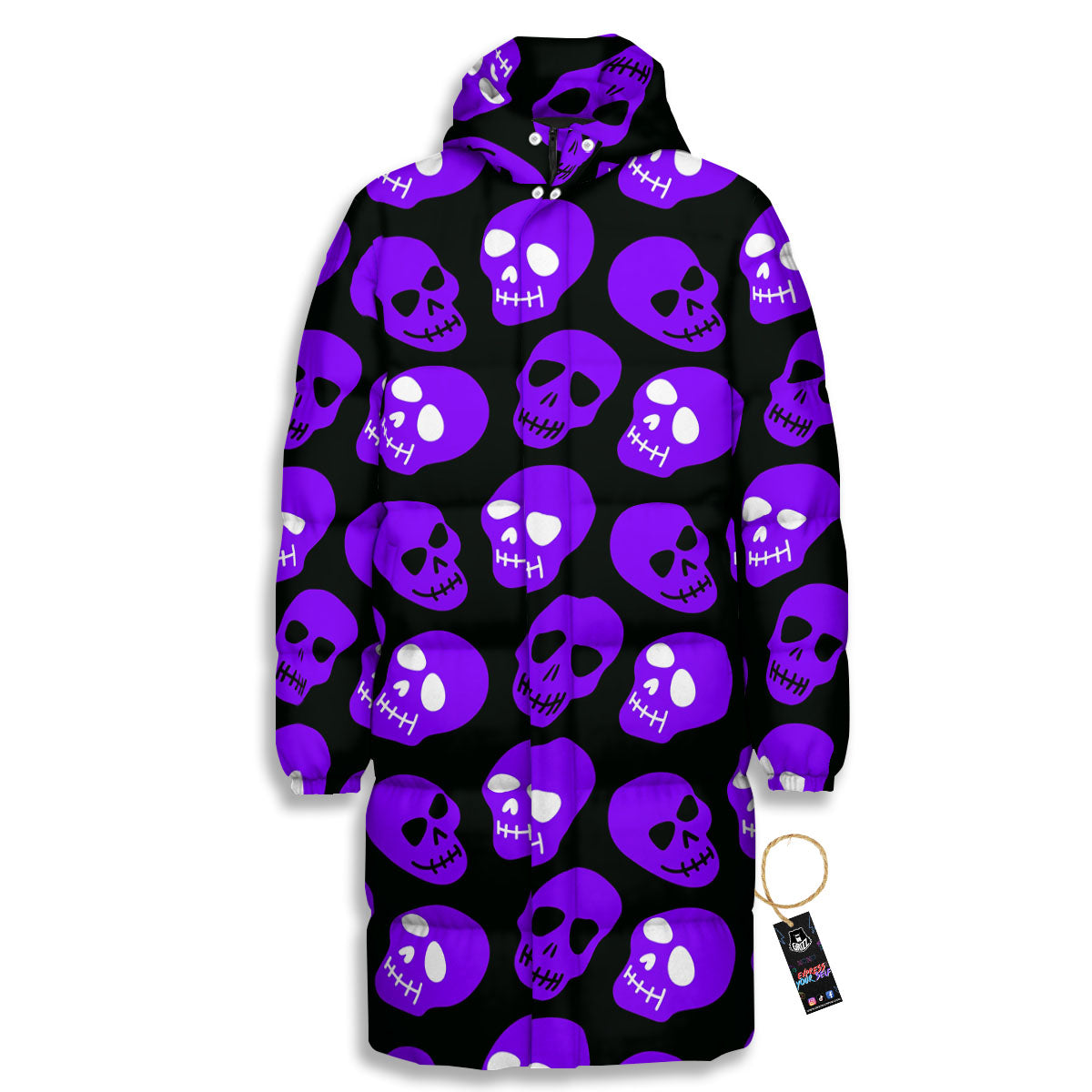 Halloween Skull Black And Purple Print Long Down Jacket-grizzshop