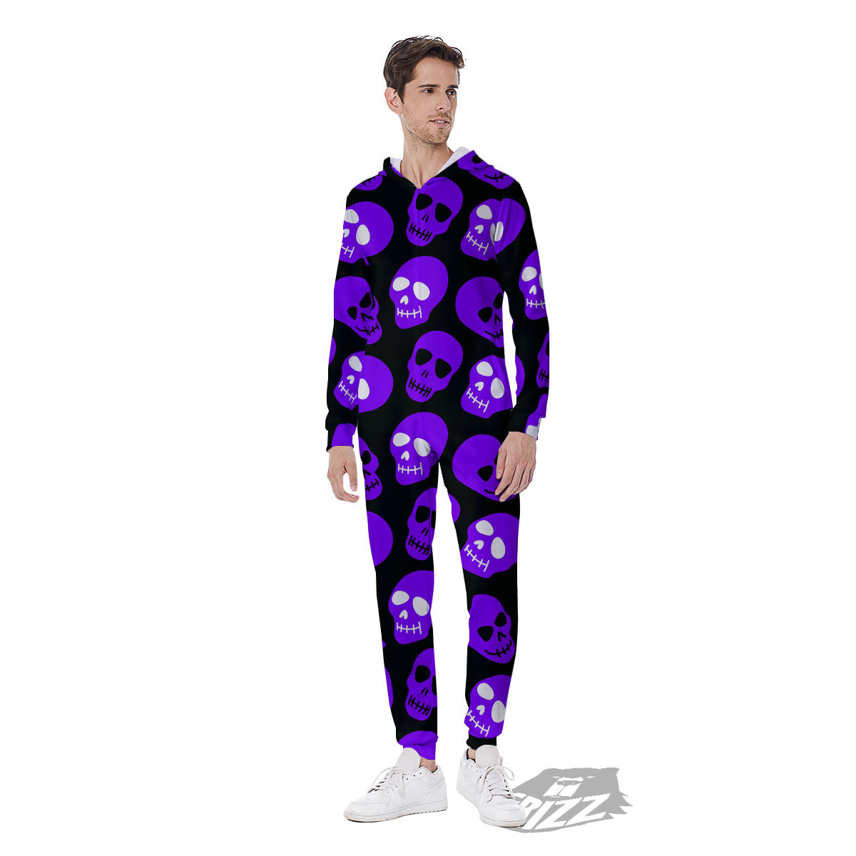 Halloween Skull Black And Purple Print Men's Jumpsuit-grizzshop