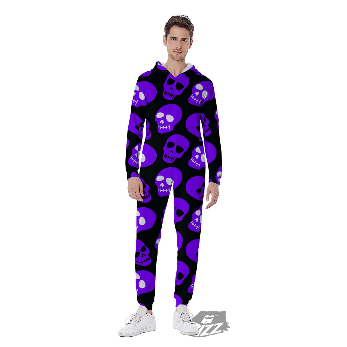 Halloween Skull Black And Purple Print Men's Jumpsuit-grizzshop
