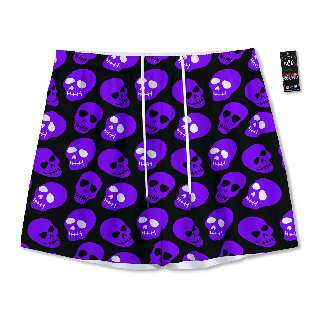 Halloween Skull Black And Purple Print Mesh Shorts