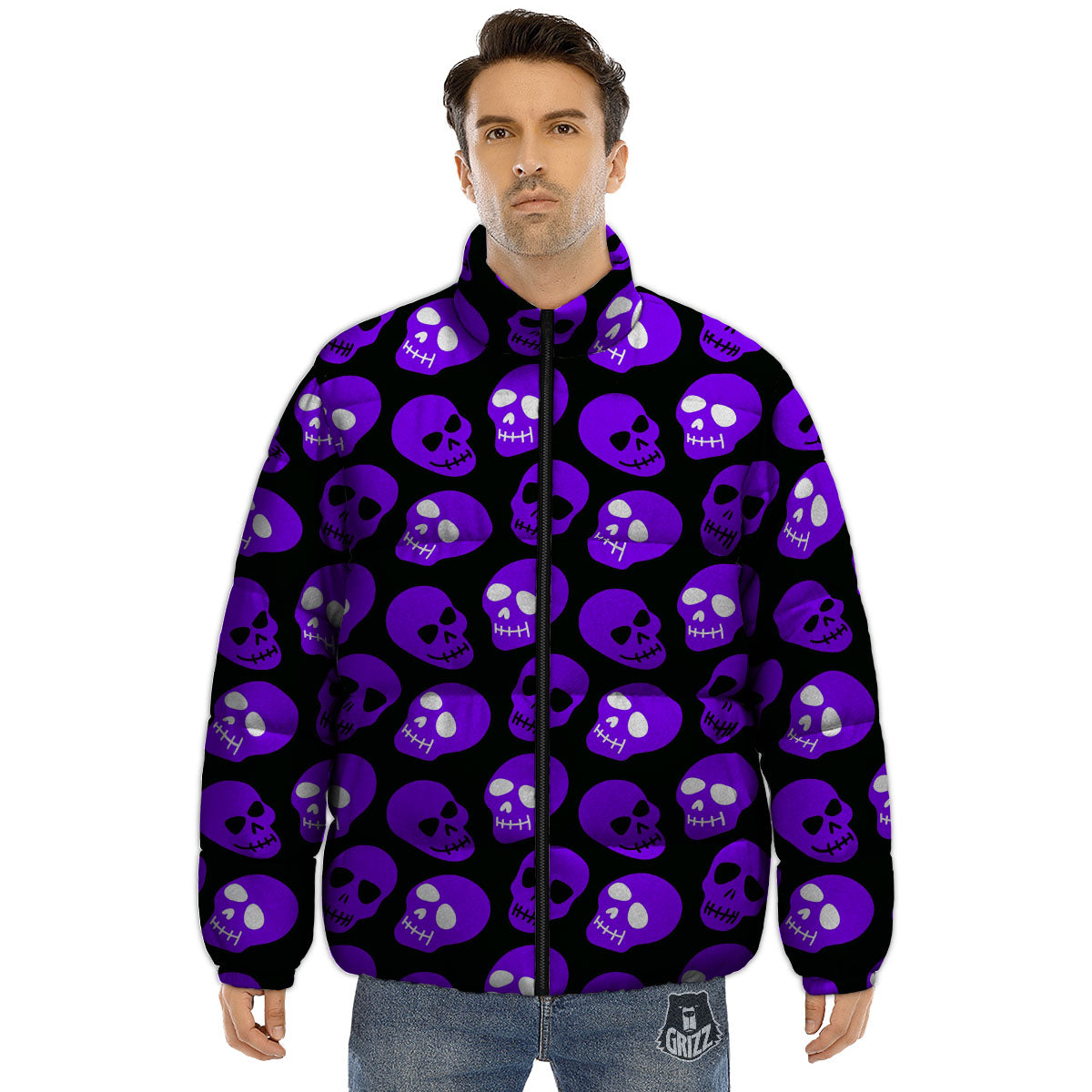 Halloween Skull Black And Purple Print Puffer Jacket-grizzshop