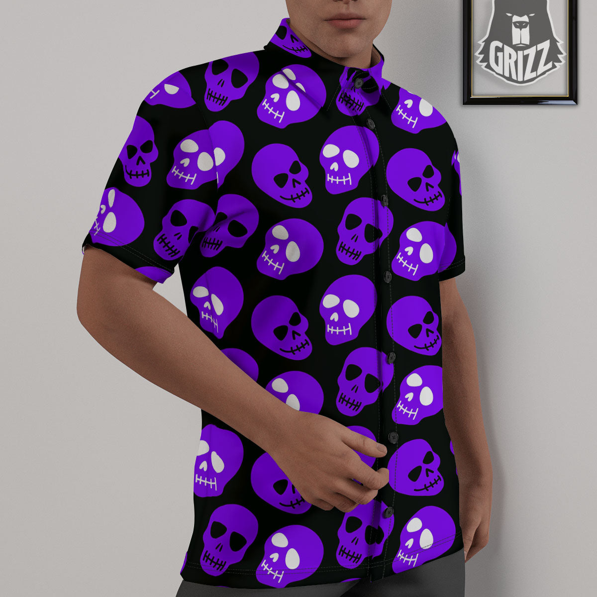 Halloween Skull Black And Purple Print Untucked Shirts-grizzshop
