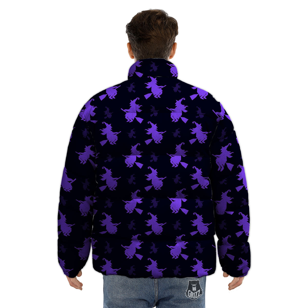Halloween Witch Purple Print Pattern Puffer Jacket-grizzshop