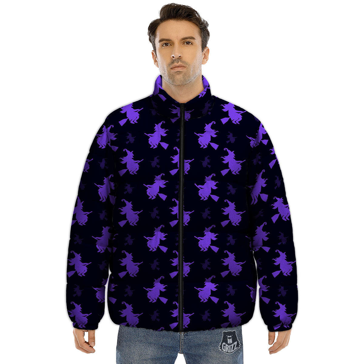 Halloween Witch Purple Print Pattern Puffer Jacket-grizzshop