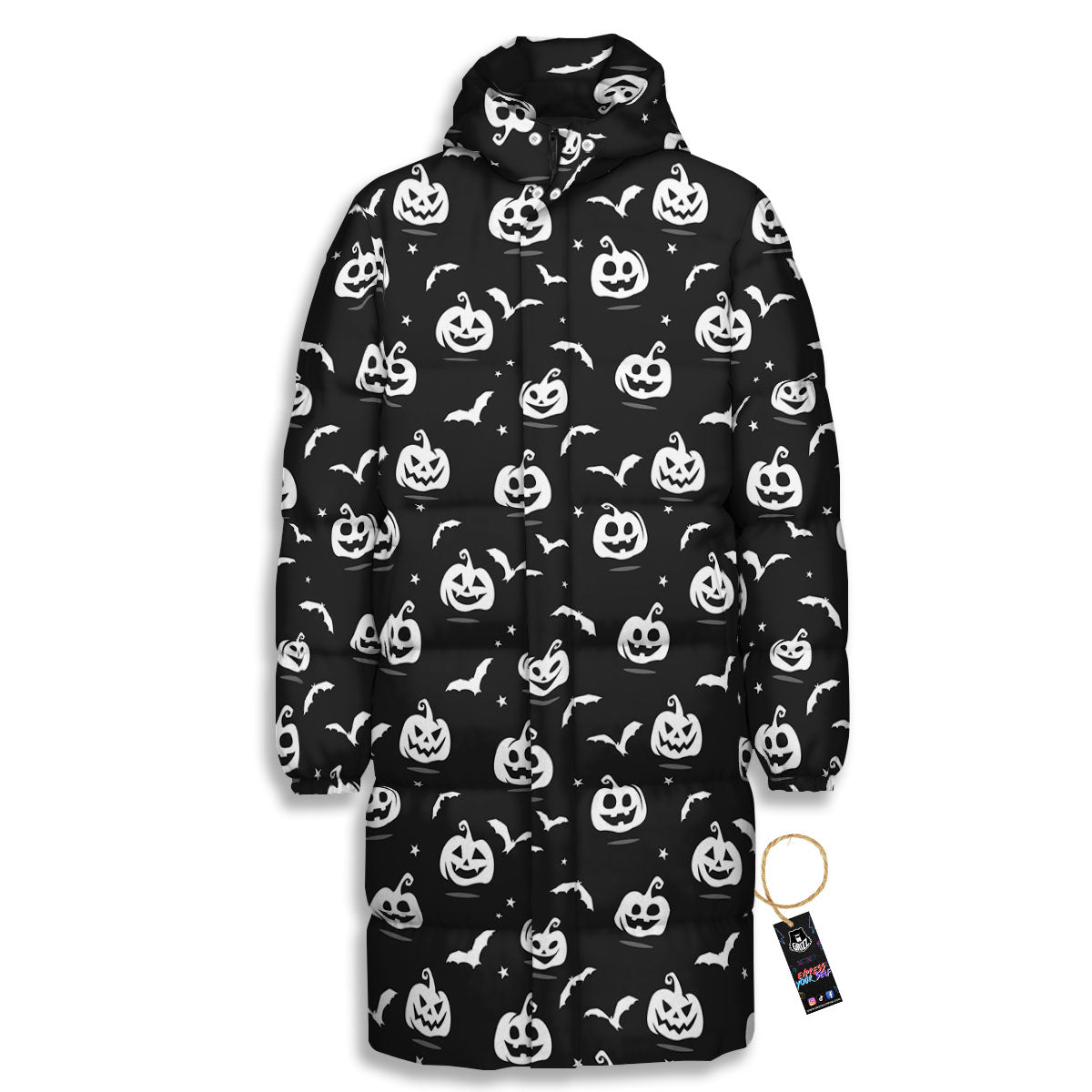 Halloween Bat White And Black Print Long Down Jacket