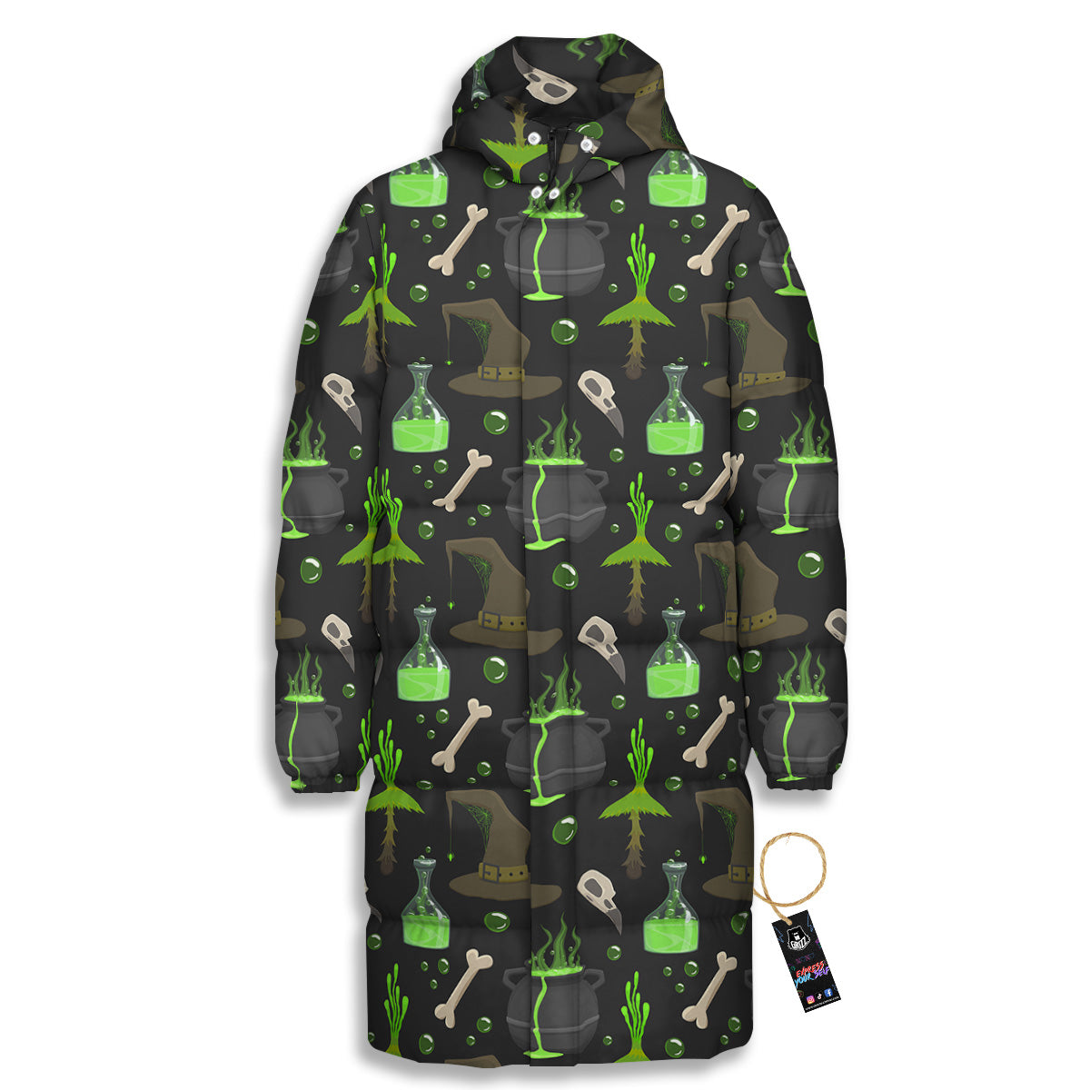 Halloween Green Poison Witch Print Pattern Long Down Jacket