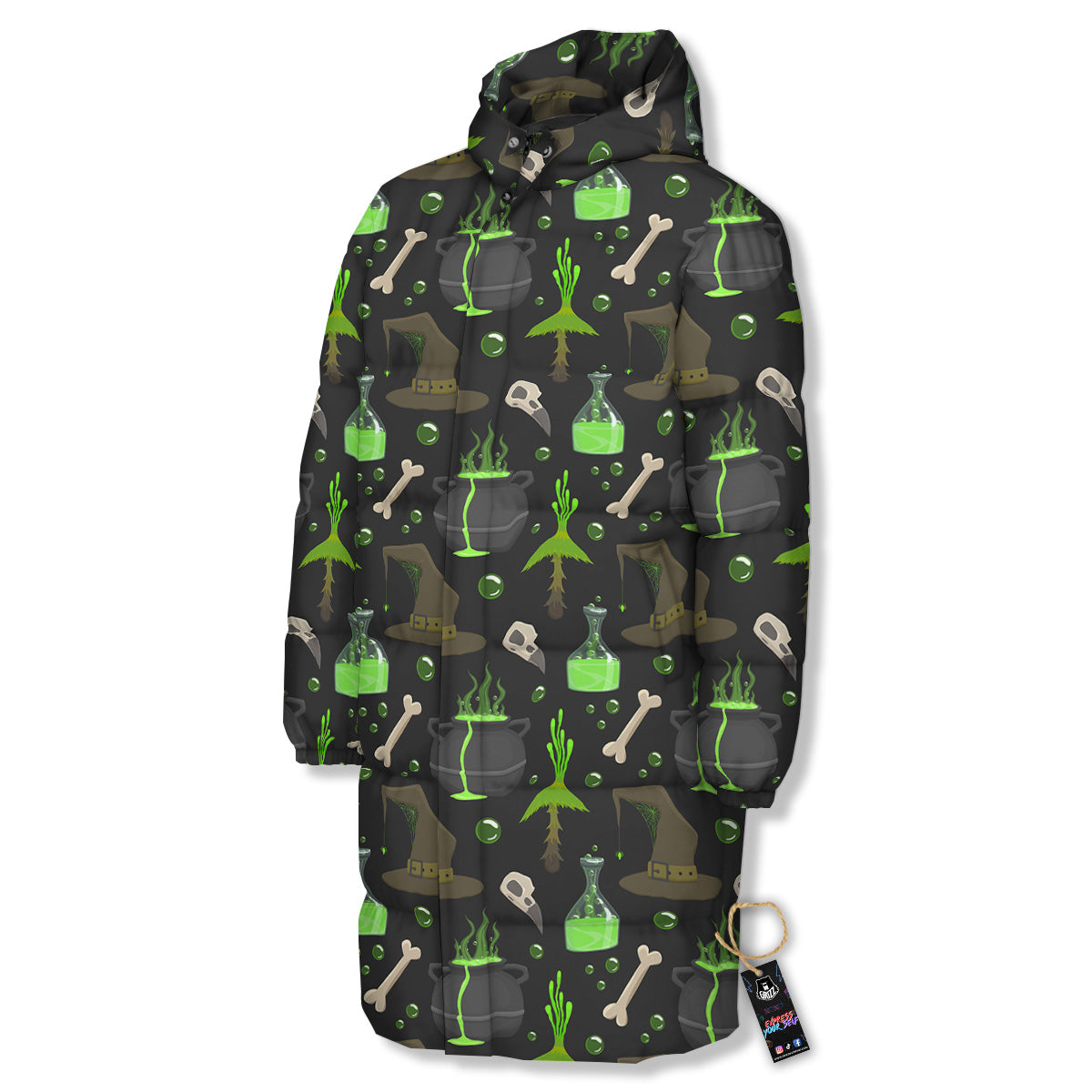 Halloween Green Poison Witch Print Pattern Long Down Jacket