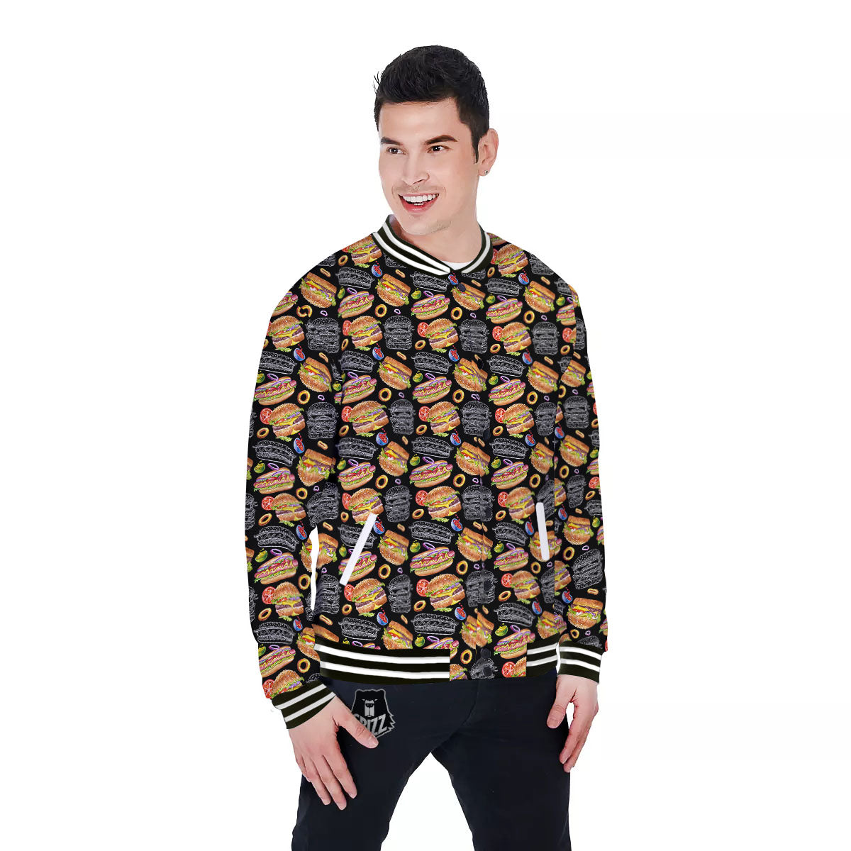 Hamburger And Hot Dog Print Pattern Baseball Jacket-grizzshop