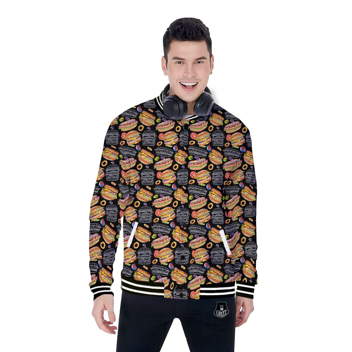 Hamburger And Hot Dog Print Pattern Baseball Jacket-grizzshop
