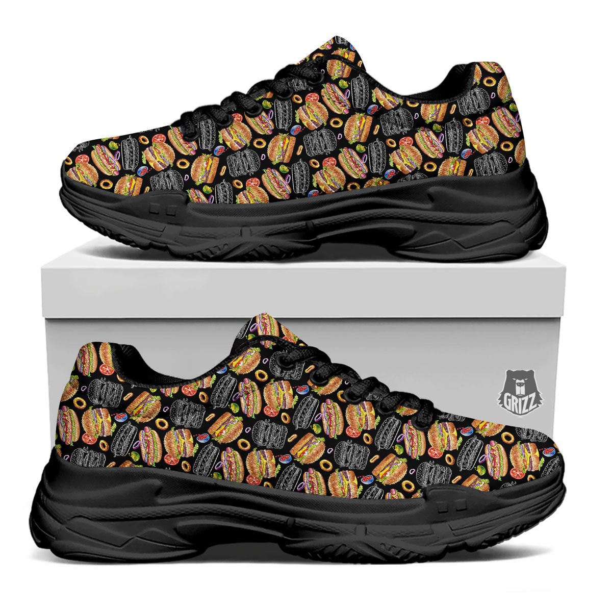 Hamburger And Hot Dog Print Pattern Black Chunky Shoes-grizzshop