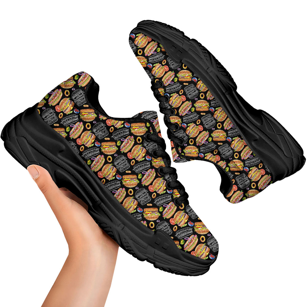 Hamburger And Hot Dog Print Pattern Black Chunky Shoes-grizzshop