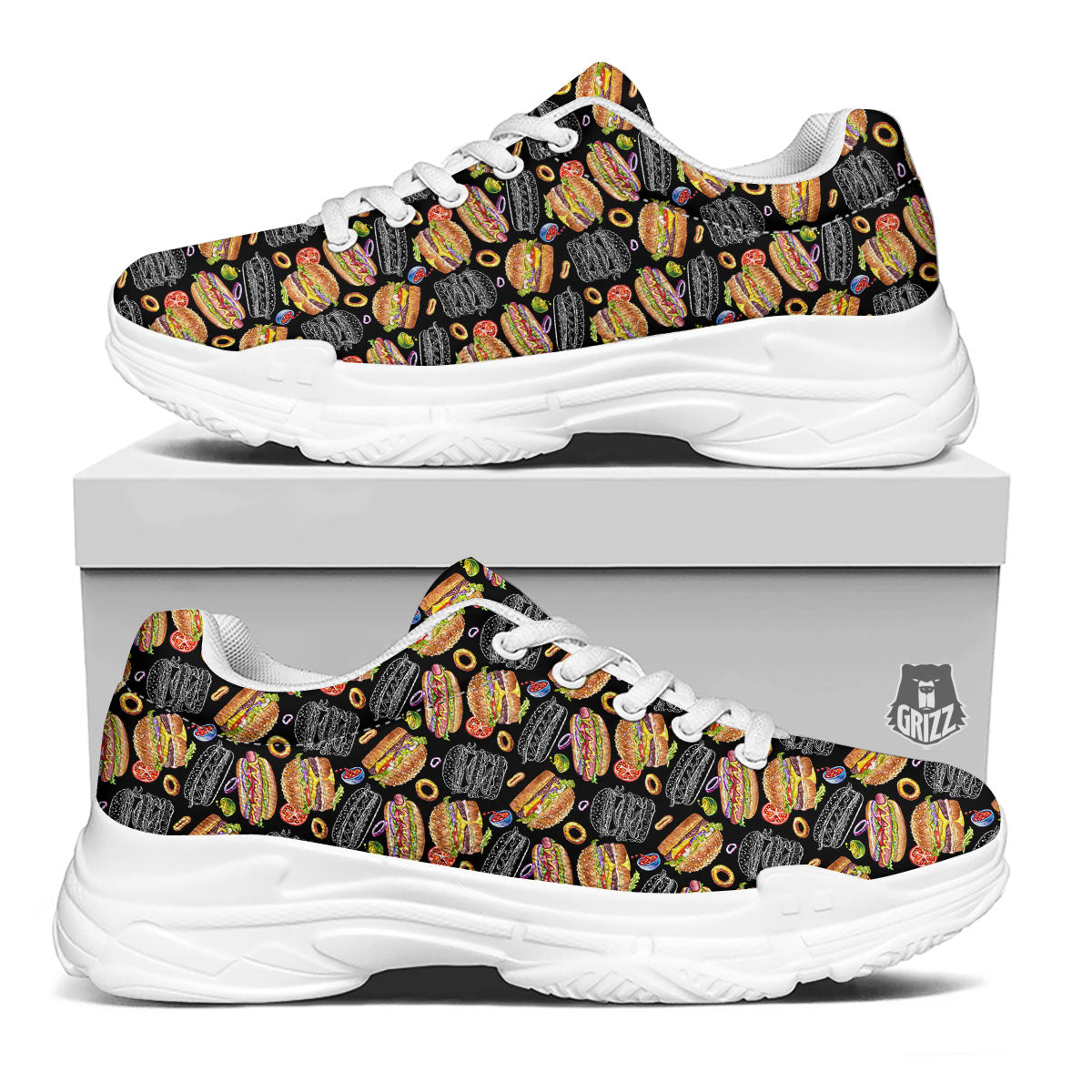 Hamburger And Hot Dog Print Pattern White Chunky Shoes-grizzshop