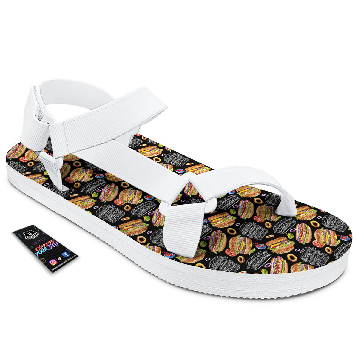Hamburger And Hot Dog Print Pattern White Open Toe Sandals-grizzshop