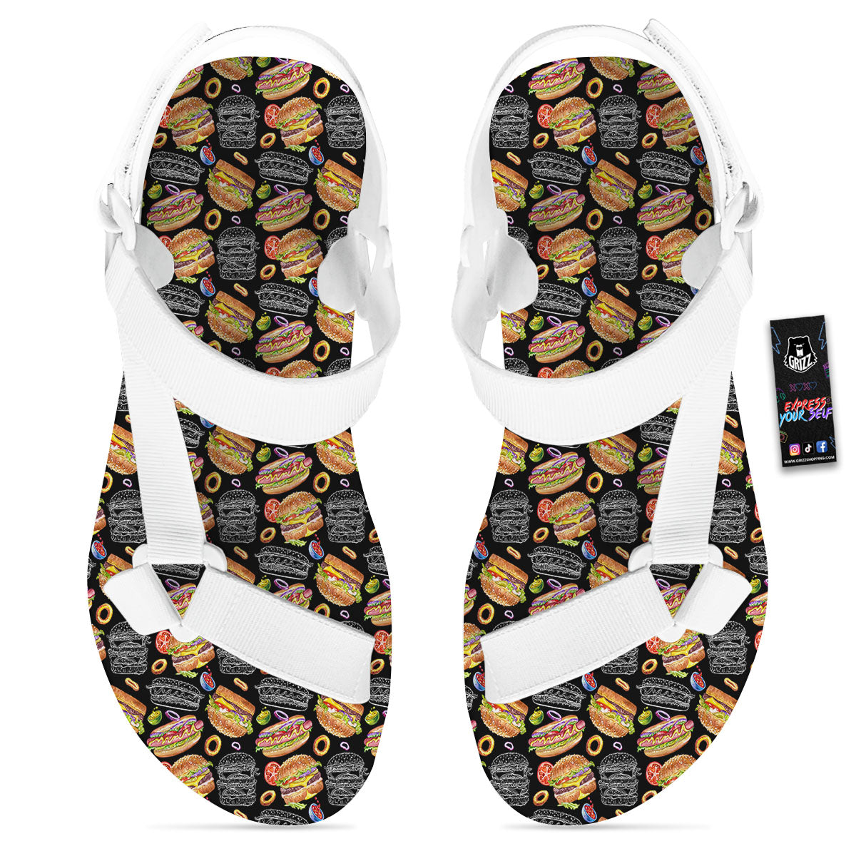 Hamburger And Hot Dog Print Pattern White Open Toe Sandals-grizzshop