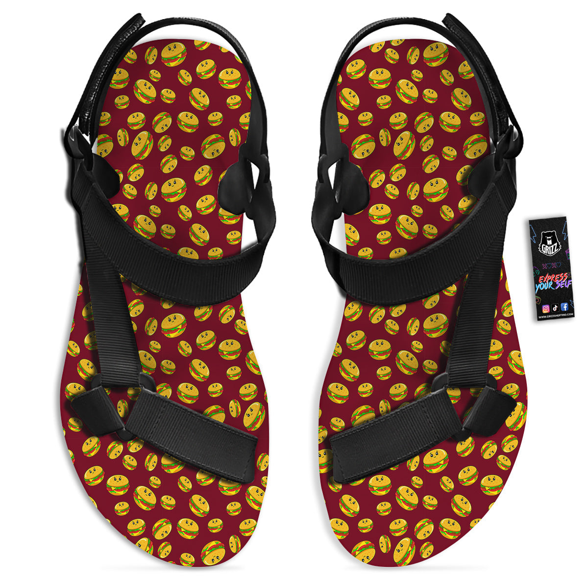 Hamburger Cute Print Pattern Black Open Toe Sandals-grizzshop