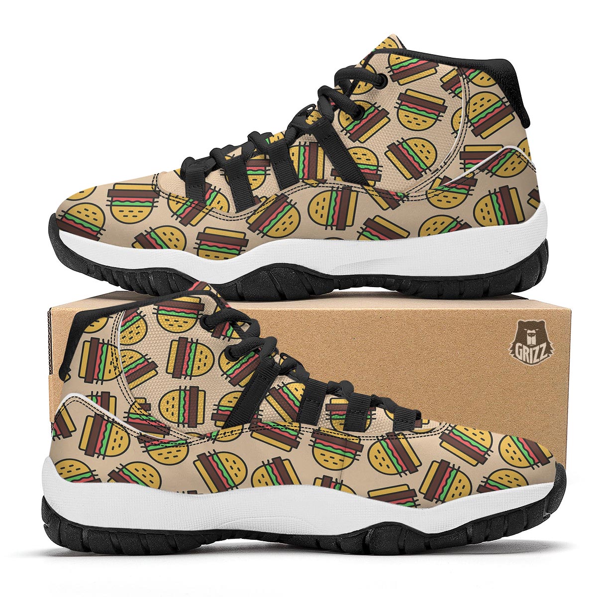 Hamburger Pattern Print Black Bball Shoes-grizzshop