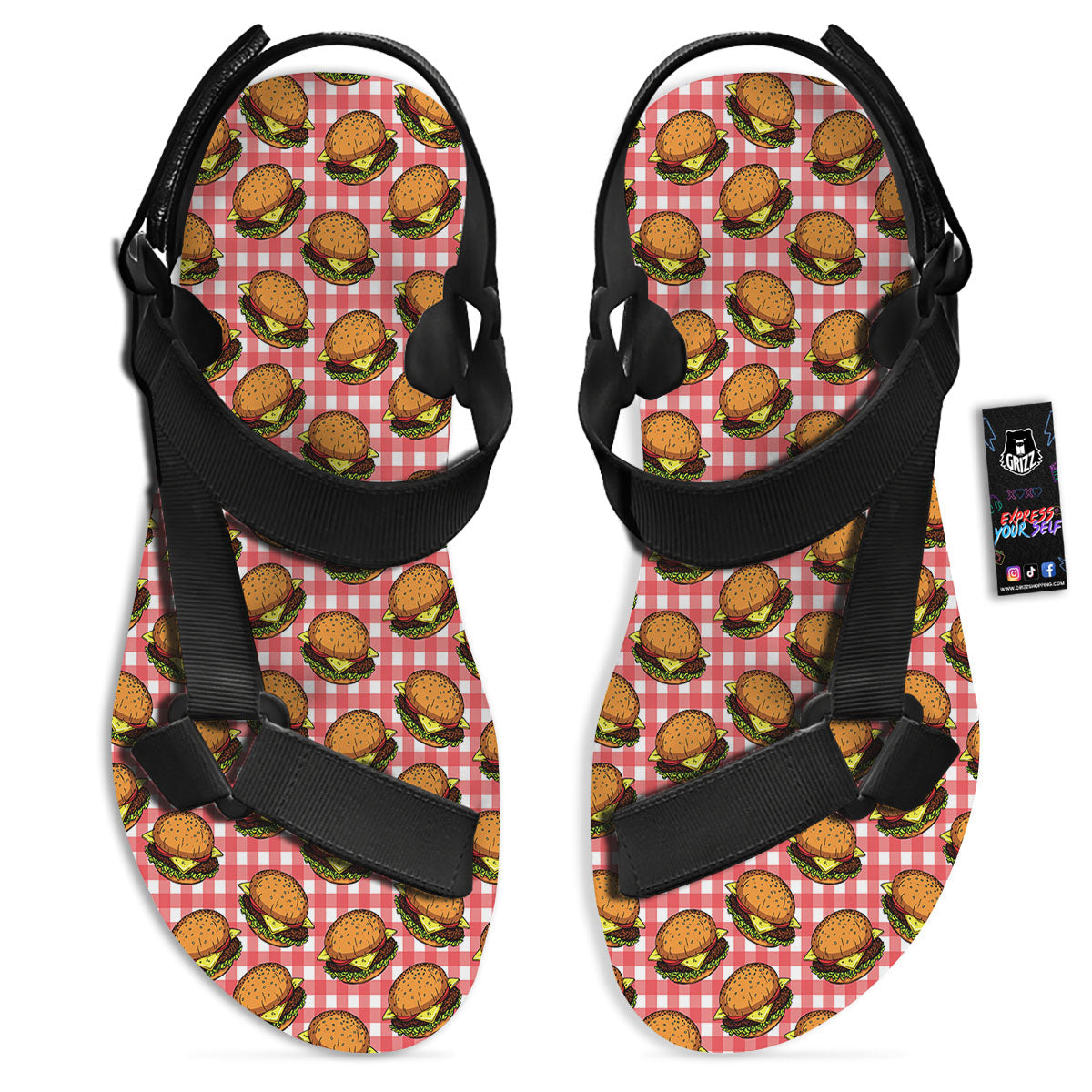 Hamburger Plaid Print Pattern Black Open Toe Sandals-grizzshop