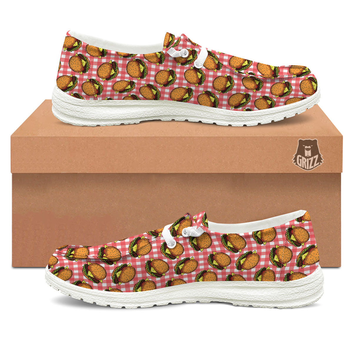 Hamburger Plaid Print Pattern White Loafers-grizzshop
