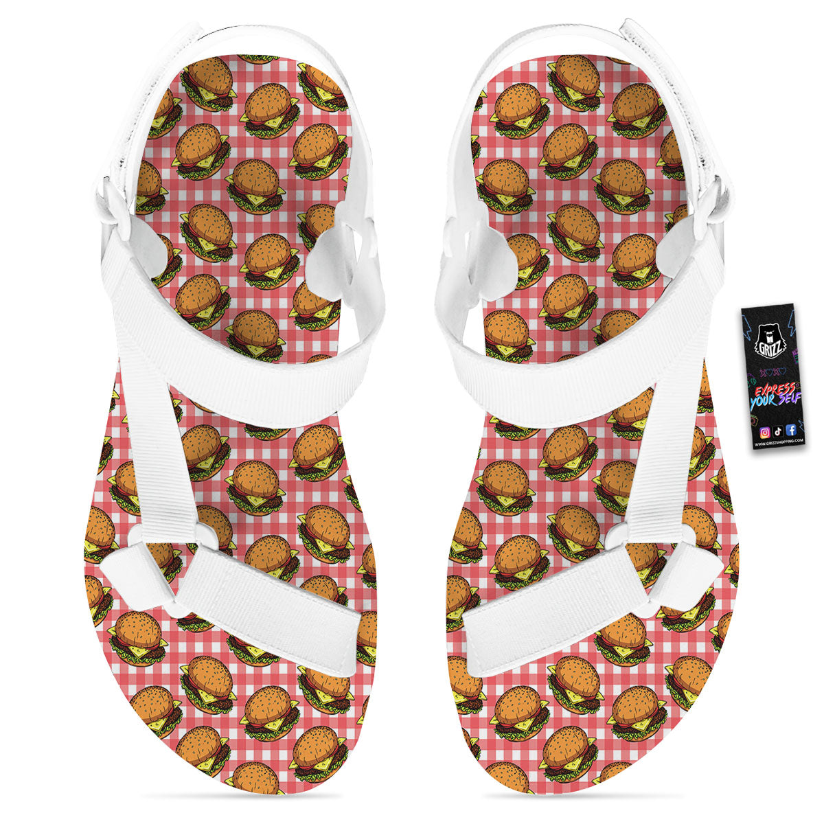 Hamburger Plaid Print Pattern White Open Toe Sandals-grizzshop