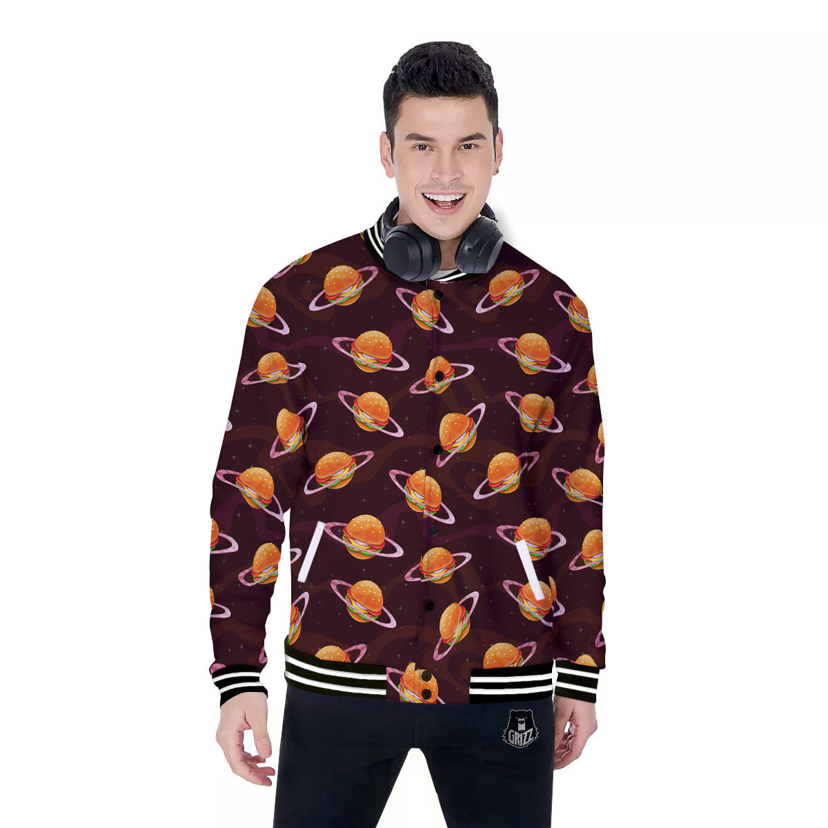 Hamburger Planet Print Pattern Baseball Jacket-grizzshop