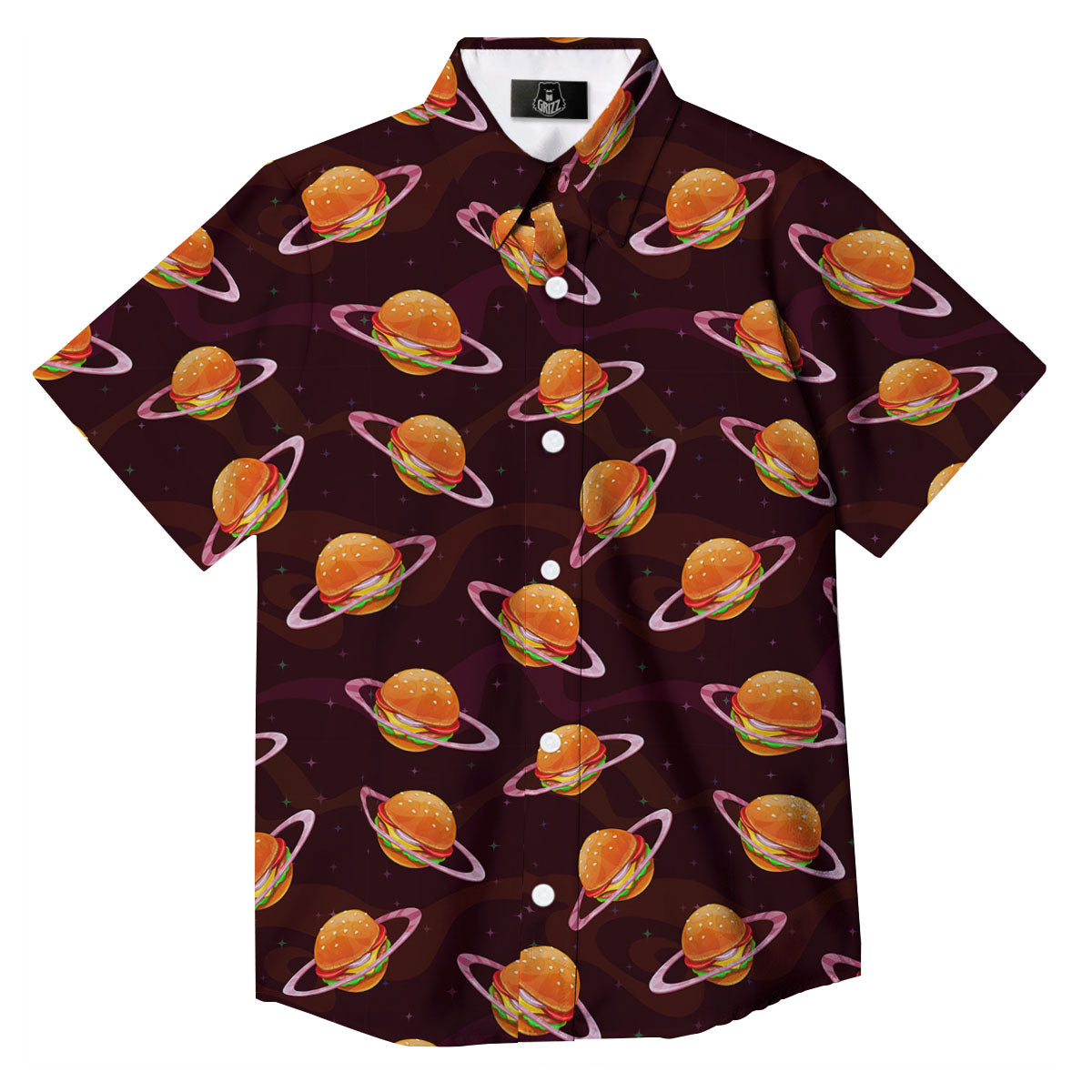 Hamburger Planet Print Pattern Button Up Shirt-grizzshop