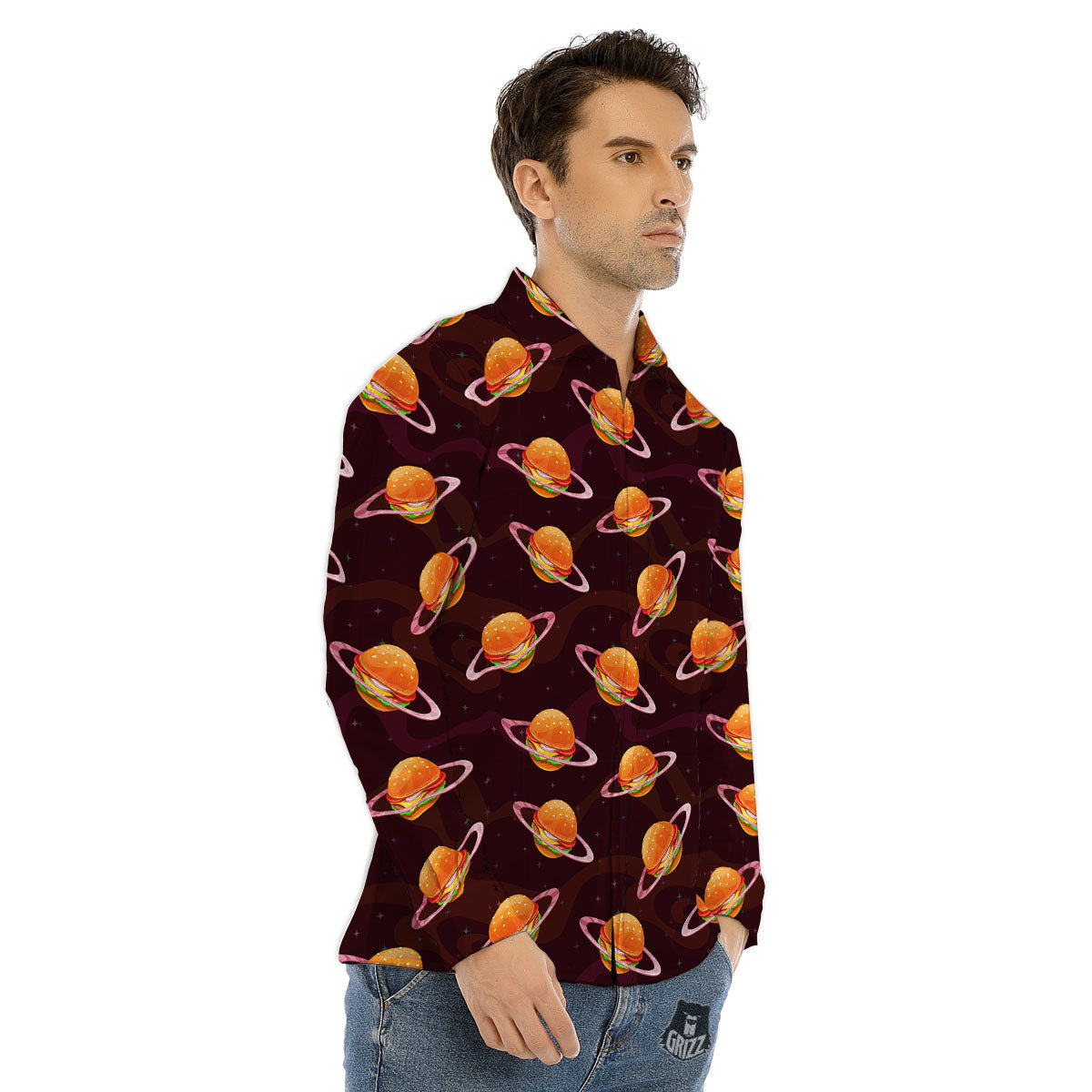 Hamburger Planet Print Pattern Men's Dress Shirts-grizzshop