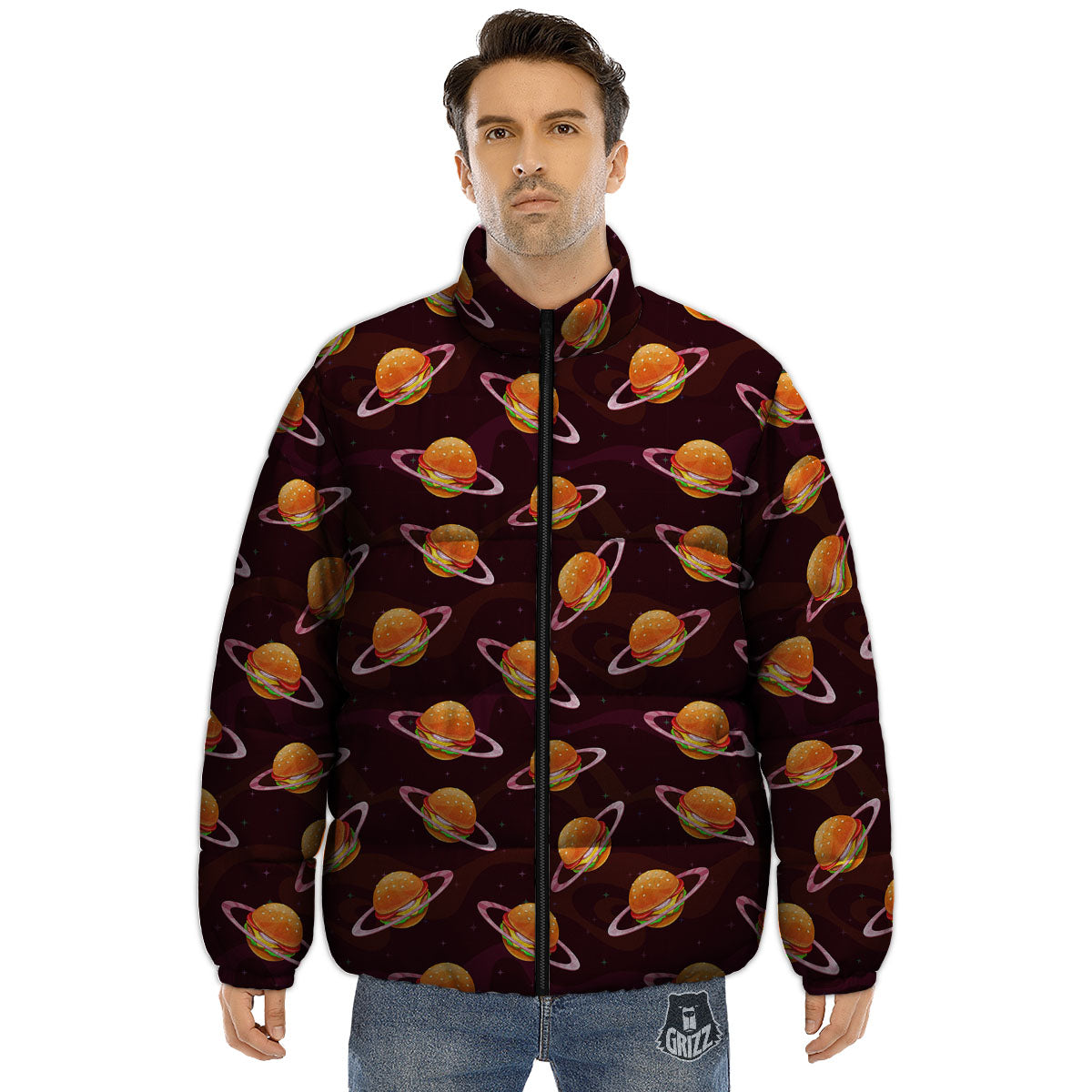 Hamburger Planet Print Pattern Puffer Jacket-grizzshop