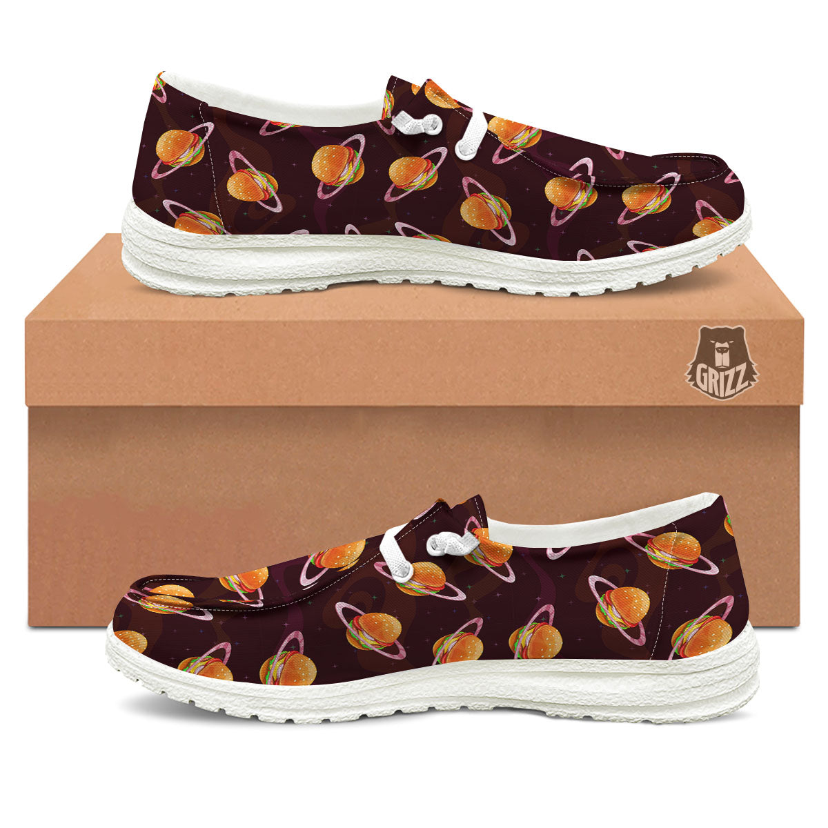 Hamburger Planet Print Pattern White Loafers-grizzshop