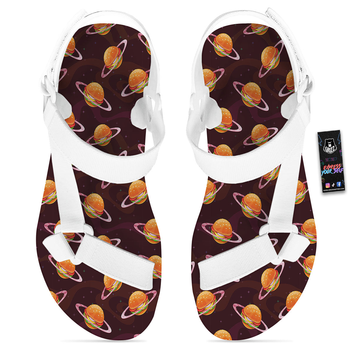 Hamburger Planet Print Pattern White Open Toe Sandals-grizzshop
