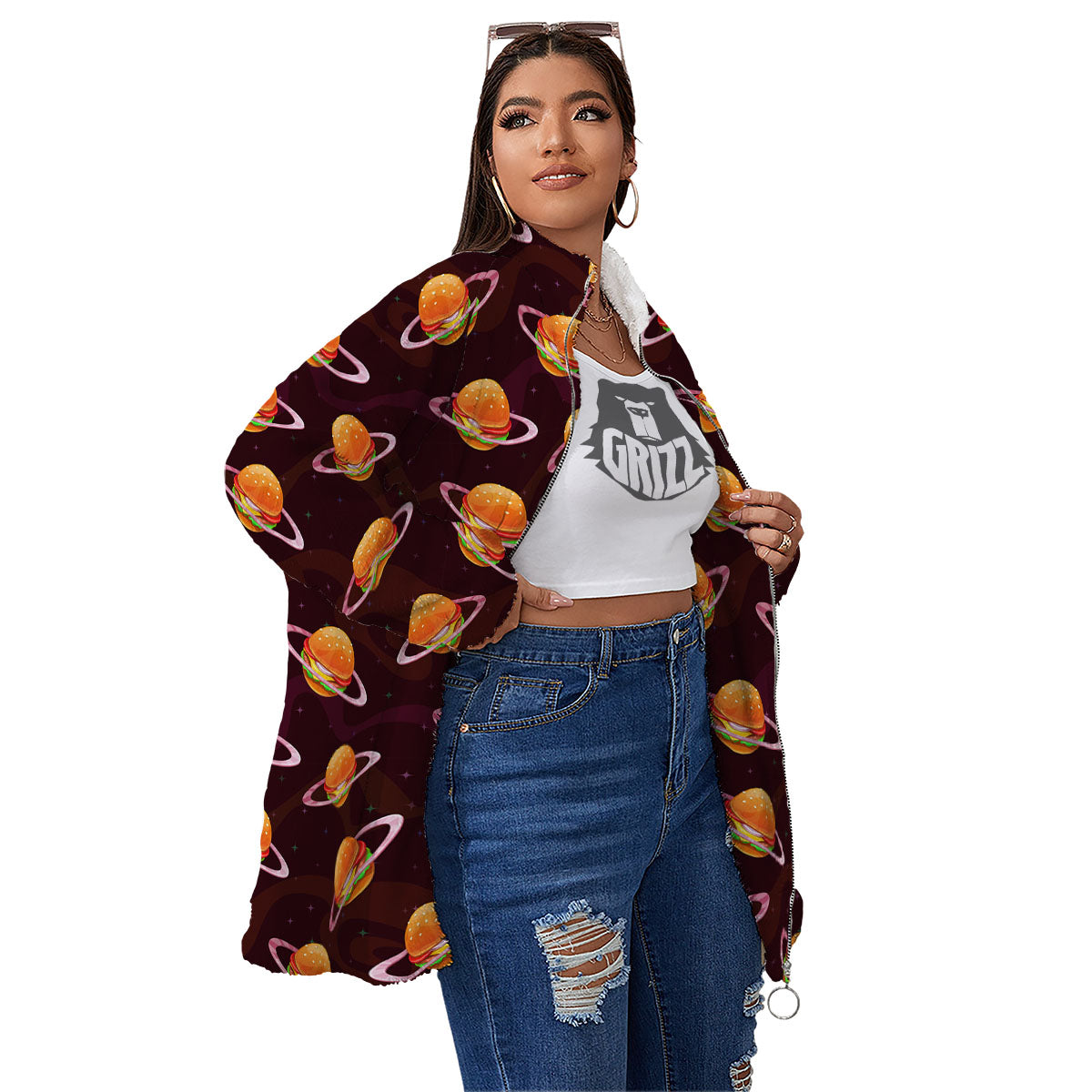 Hamburger Planet Print Pattern Women's Sherpa Jacket-grizzshop