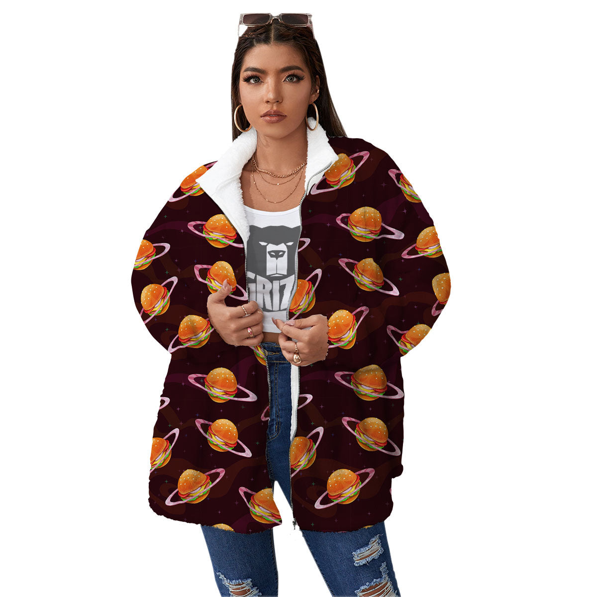 Hamburger Planet Print Pattern Women's Sherpa Jacket-grizzshop