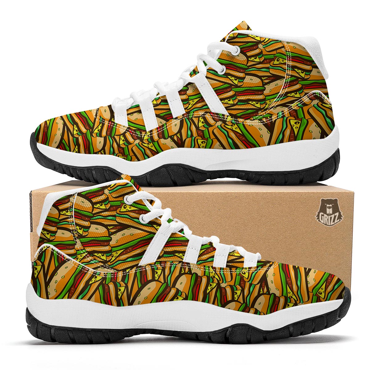 Hamburger Print Pattern White Bball Shoes-grizzshop