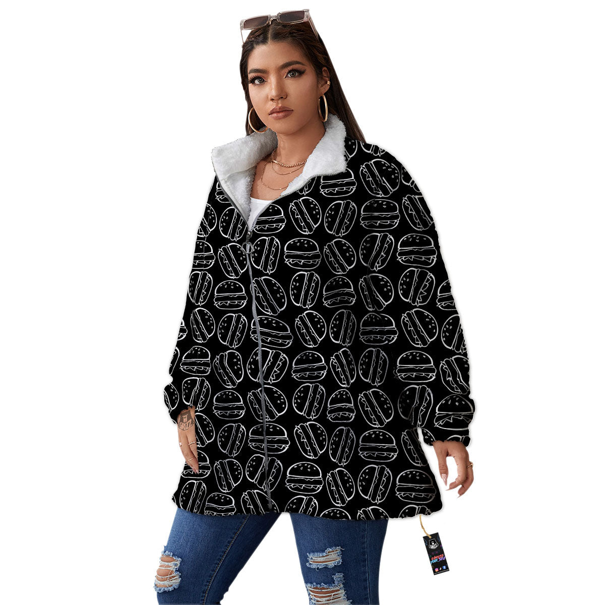 Hamburger White And Black Print Women's Sherpa Jacket-grizzshop