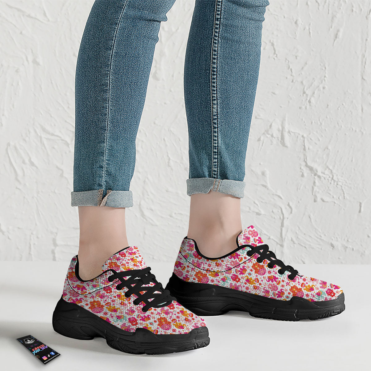 Hamsa And Girly Elephant Print Pattern Black Chunky Shoes-grizzshop