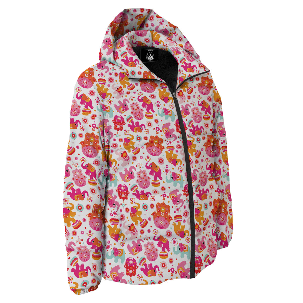 Hamsa And Girly Elephant Print Pattern Down Jacket-grizzshop