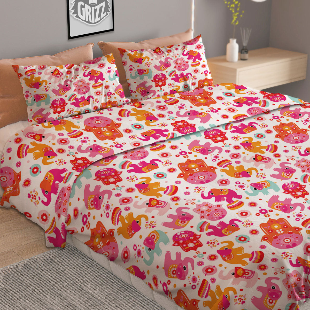Hamsa And Girly Elephant Print Pattern Duvet Cover Bedding Set