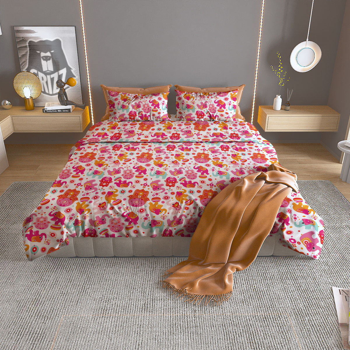 Hamsa And Girly Elephant Print Pattern Duvet Cover Bedding Set