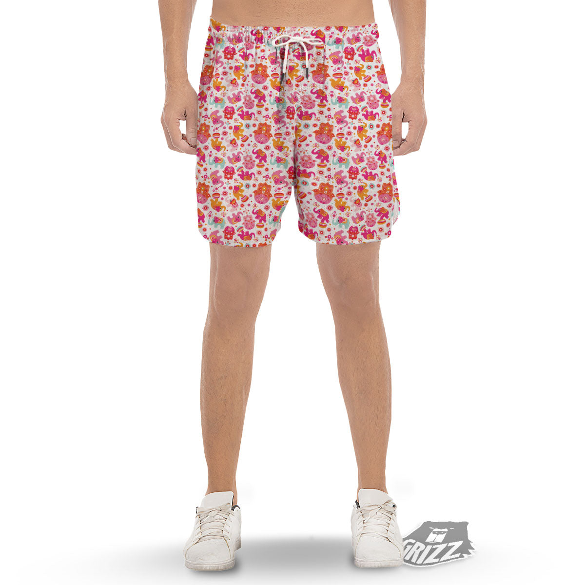 Hamsa And Girly Elephant Print Pattern Men's Gym Shorts-grizzshop