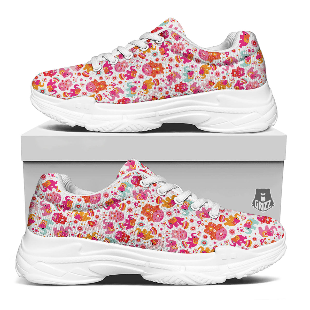 Hamsa And Girly Elephant Print Pattern White Chunky Shoes-grizzshop