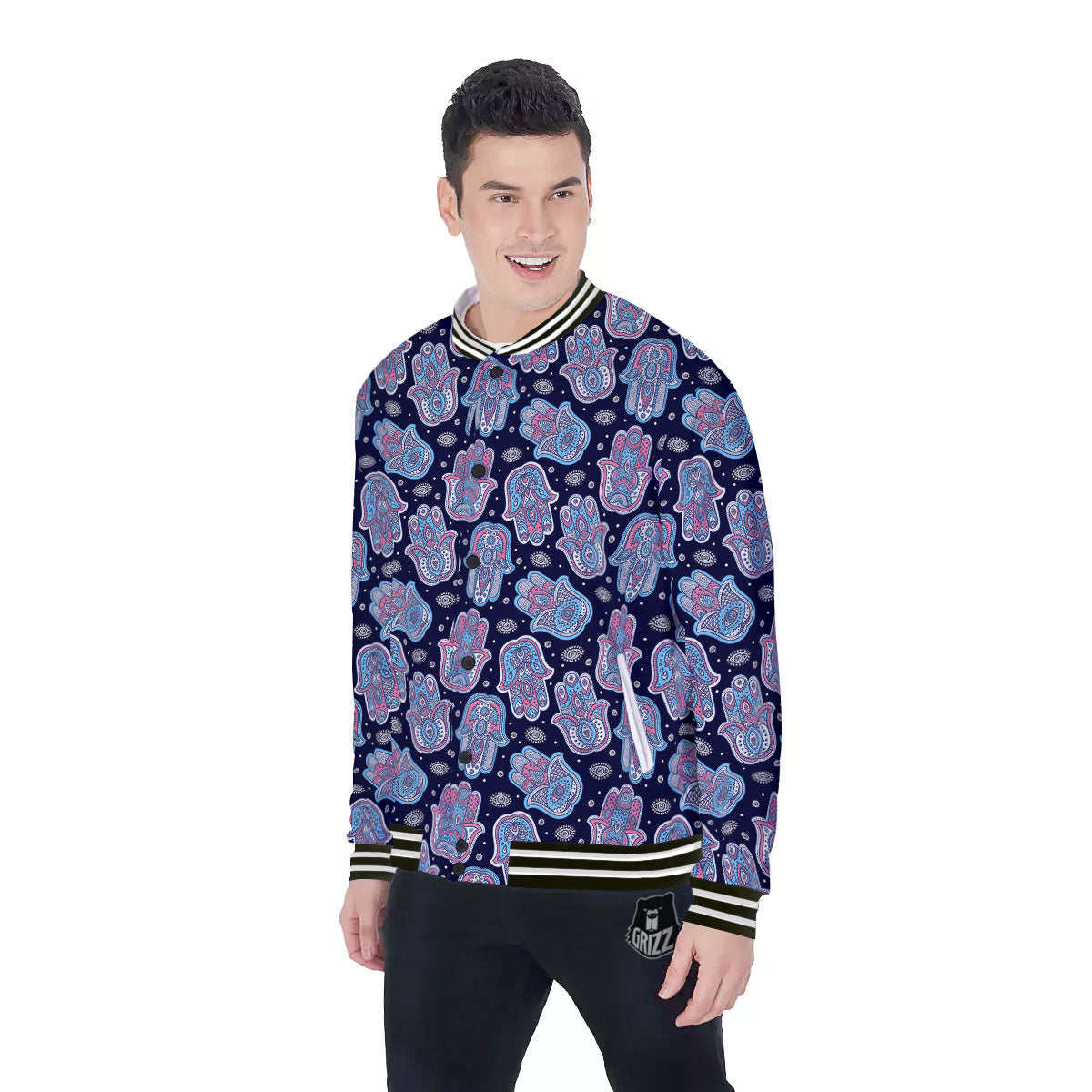 Hamsa Boho Print Pattern Baseball Jacket-grizzshop
