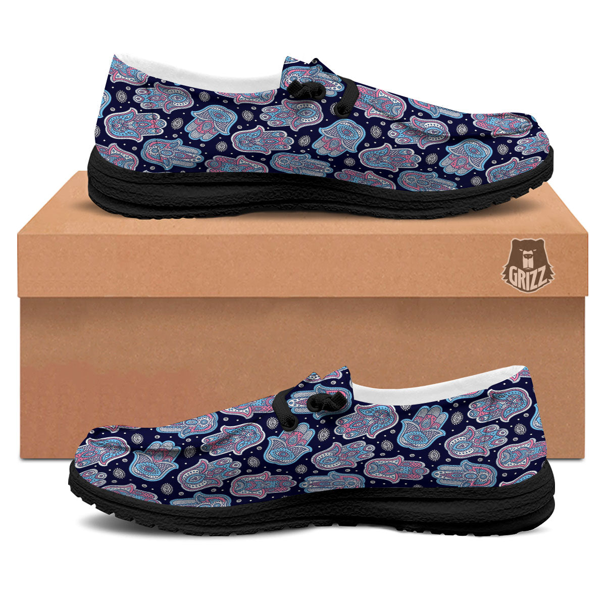 Hamsa Boho Print Pattern Black Loafers-grizzshop
